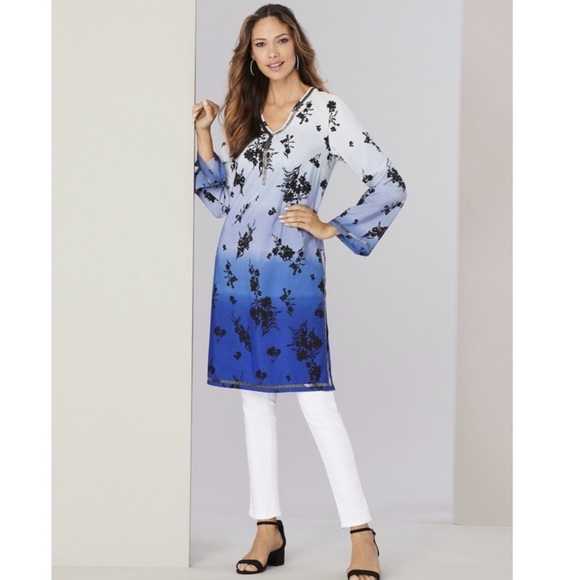 Roaman’s NWOT Blue Ombre Beaded V-Neck Kimono Tunic Plus Size 32 - Picture 1 of 16